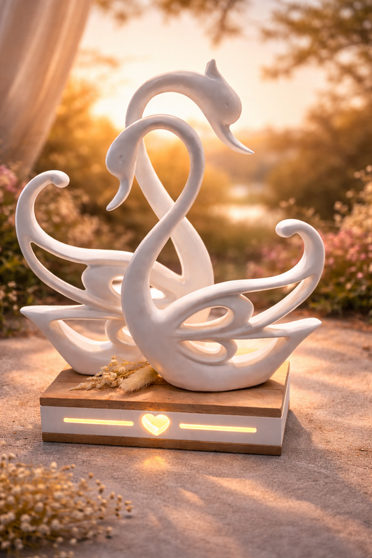 Eleganz in Liebe vereint – Stilvolle Schwanen-Skulptur mit Herzlicht