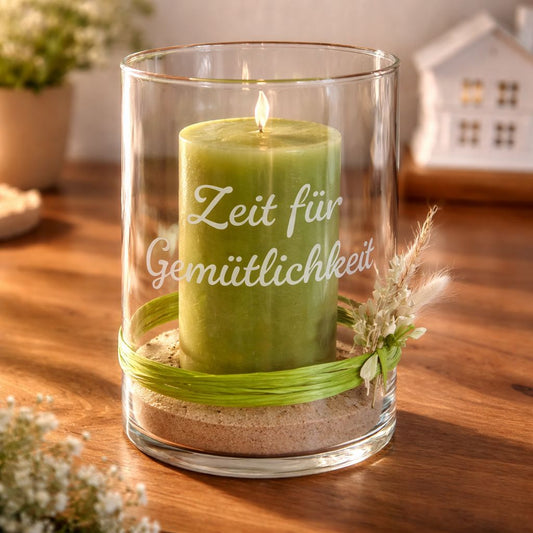 Elegantes Windlicht mit individuellem Wunschtext & Kerzenfarbe